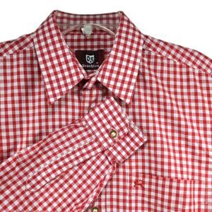 Vintage Trachten Shirt Men’s S Red White Gingham Cotton Button Down Long Sleeve
